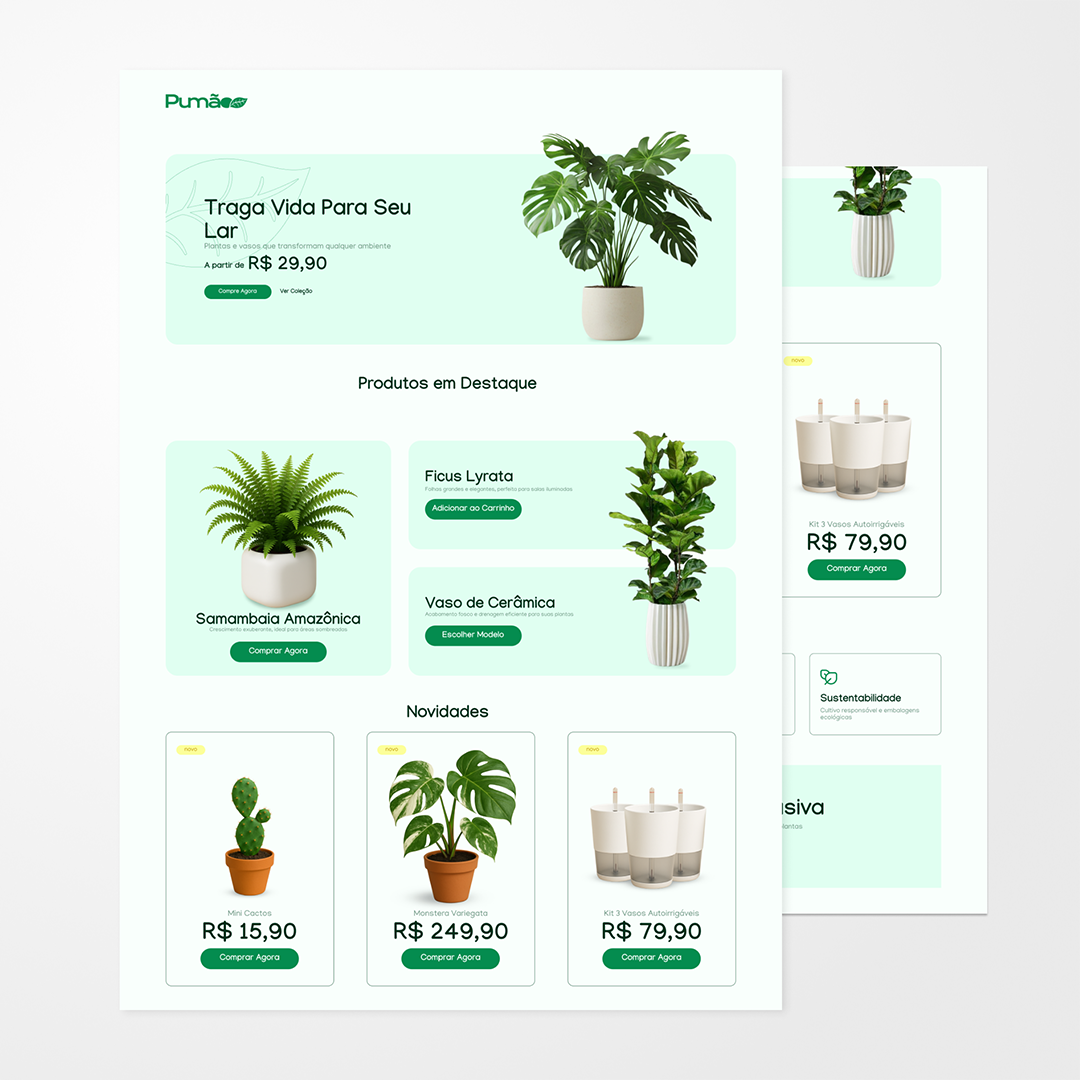 Optei por uma paleta de cores minimalista, com tons de verde-claro e branco, para criar uma atmosfera de frescor e tranquilidade. Os cards de produto são limpos, com botões de 