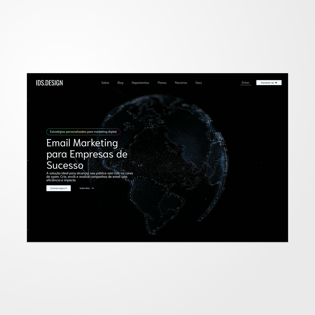 A escolha de um tema dark mode foi estratégica para transmitir sofisticação e foco. A tipografia sans-serif, limpa e moderna, garante legibilidade e profissionalismo. A imagem central, um globo de dados, reforça o conceito de tecnologia e alcance global. O CTA principal (