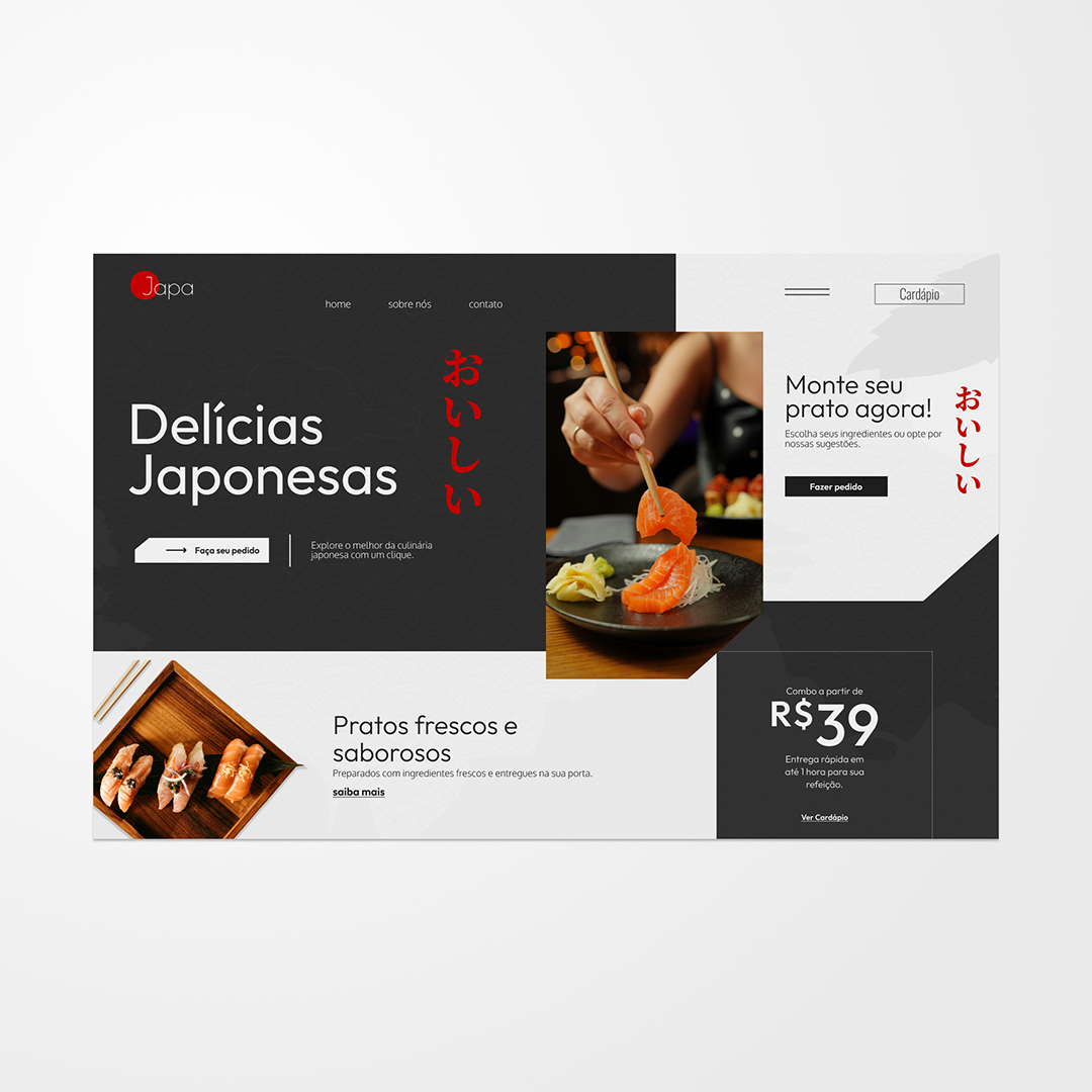 A paleta de cores combina o preto e o branco com toques de vermelho, remetendo à bandeira do Japão e à estética tradicional. A tipografia japonesa (おいしい - 